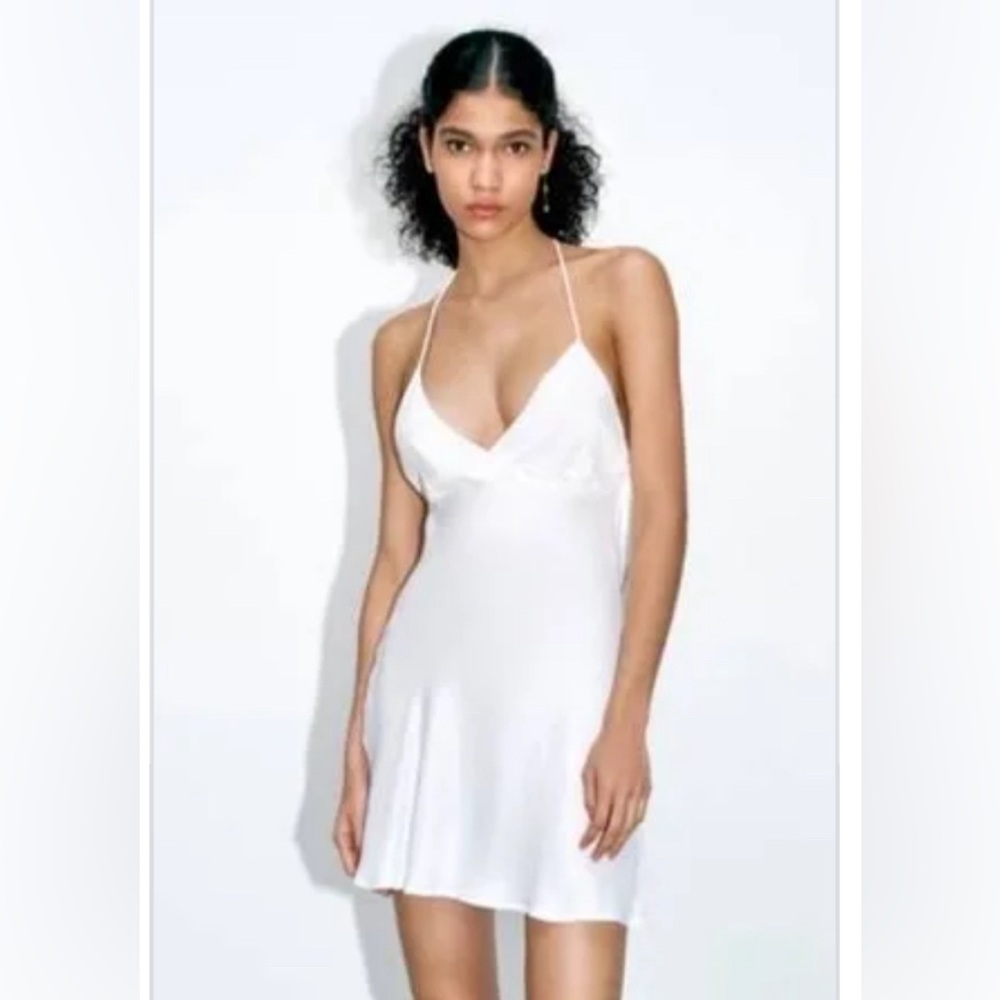 ZARA white satin dress with back cowl and diamanté back strap detail